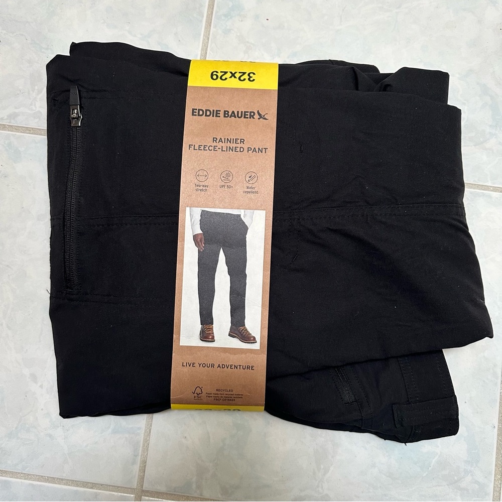 NWT Eddie Bauer Men's Rainier Fleece-Lined Black Pants Size 32x29